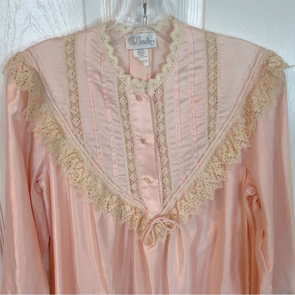Vintage Silky Long Sleeve Nightgown M Pink Grandmacore Cottagecore Prairie Lace - Picture 2 of 11
